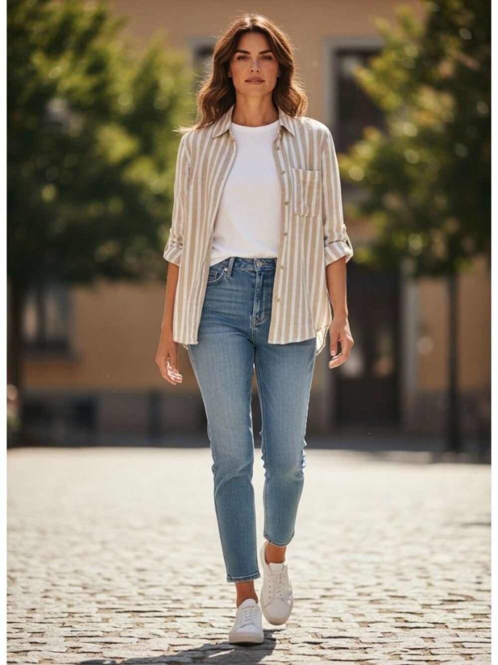 Universal Thread Striped Beige Long-Sleeve Button-Down Shirt Relaxed XS Linen